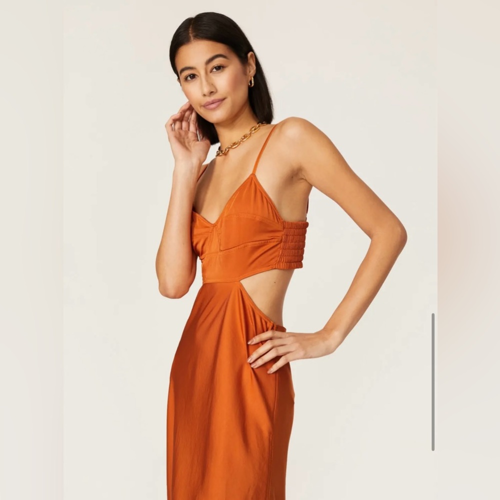 A.L.C. Blakey Cut-Out Satin Midi Dress Smocked Back Rust Orange Size 4 - Picture 3 of 13